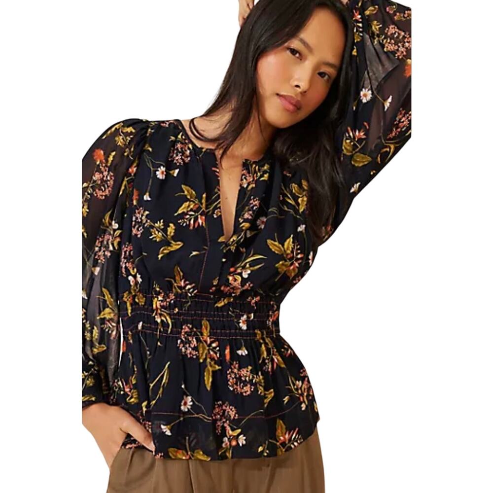 ANTHROPOLOGIE Women’s Somerset Navy Blue Floral Long Sleeve Top